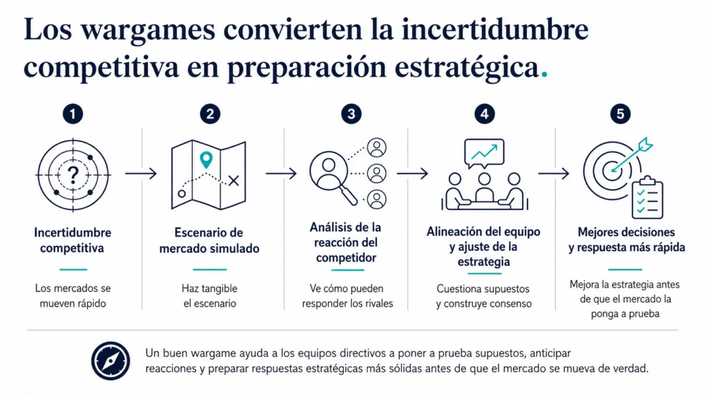 Diagrama ejecutivo de flujo que muestra cómo un wargame de Midas avanza desde la incertidumbre competitiva hacia escenarios simulados, análisis de reacciones de competidores, alineamiento del equipo y mejores decisiones estratégicas.