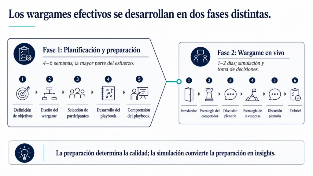 Visual ejecutivo de dos fases que muestra que los wargames de Midas consisten en una fase de planificación y preparación seguida por una fase de simulación en vivo.