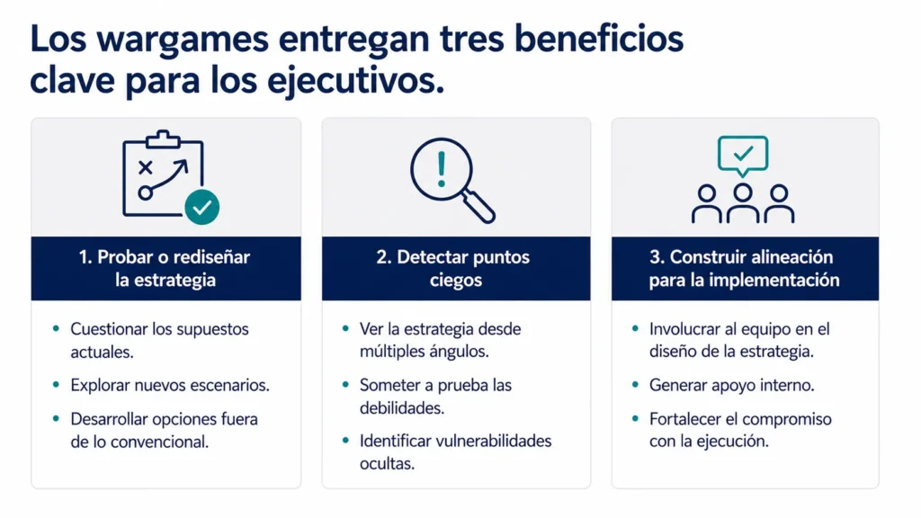 Visual ejecutivo de tres columnas que muestra los principales beneficios de los wargames de Midas: testear o rediseñar la estrategia, exponer puntos ciegos y construir alineamiento para la implementación.
