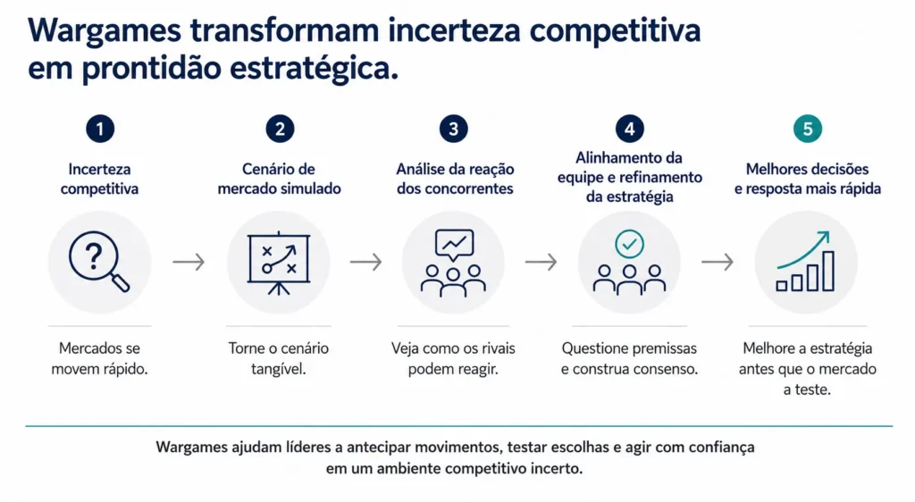 Diagrama executivo de fluxo que mostra como um wargame da Midas avança desde a incerteza competitiva até cenários simulados, análise de reações de concorrentes, alinhamento da equipe e melhores decisões estratégicas.
