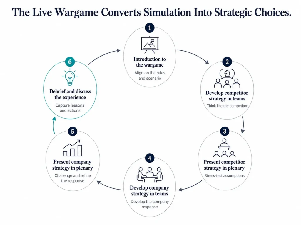 Six-step loop diagram showing the Midas live wargame process from introduction through competitor and company strategy development to debrief.