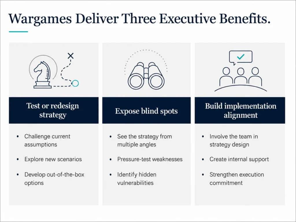 Three-column executive visual showing the main benefits of Midas wargames: testing or redesigning strategy, exposing blind spots, and building implementation alignment.