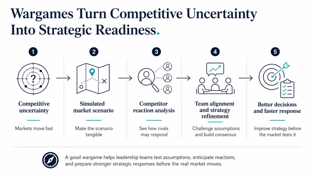 Executive flow diagram showing how a Midas wargame moves from competitive uncertainty to simulated scenarios, competitor reaction analysis, team alignment, and better strategic decisions.