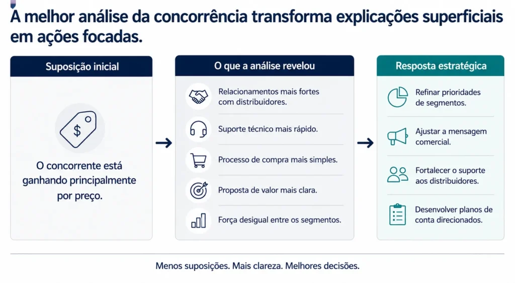 Visual de consultoria da Midas de antes e depois que mostra como uma suposição inicial baseada em preço evoluiu para um insight competitivo mais rico e uma resposta estratégica mais focada.