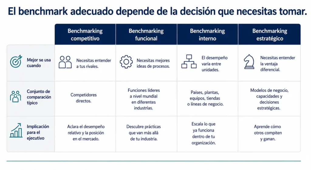 Tabla ejecutiva de cuatro columnas que compara benchmarking competitivo, funcional, interno y estratégico por caso de uso, conjunto de comparación e implicancia ejecutiva.
