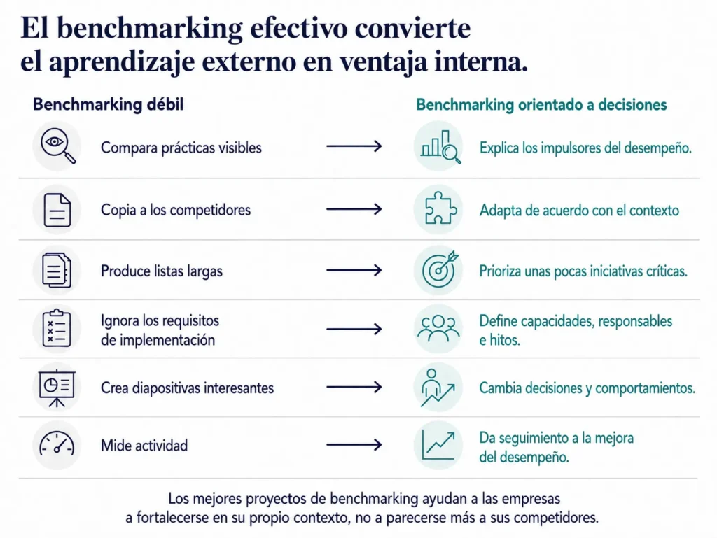 Visual de consultoría de Midas de antes y después que contrasta un benchmarking débil con un benchmarking orientado a la decisión en drivers de desempeño, adaptación, priorización, implementación, decisiones y mejora medible.