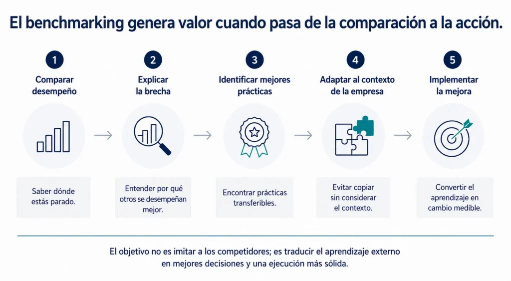 Flujo ejecutivo de consultoría de Midas que muestra cómo el benchmarking avanza desde la comparación de desempeño hacia la explicación de brechas, la identificación de mejores prácticas, la adaptación al contexto de la empresa y la implementación de mejoras medibles.