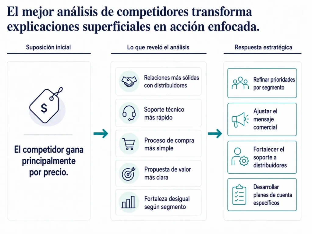 Visual de consultoría de Midas de antes y después que muestra cómo un supuesto inicial basado en precio evolucionó hacia un insight competitivo más rico y una respuesta estratégica más enfocada.