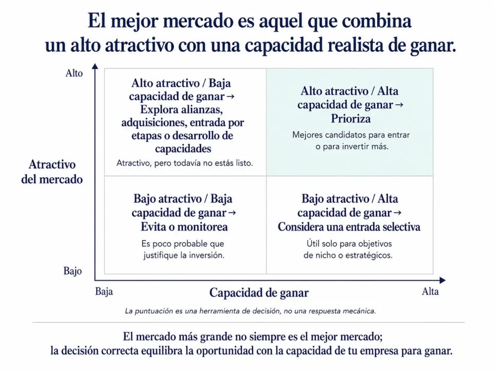 Matriz 2x2 de Midas que compara atractivo de mercado y capacidad de ganar, con implicancias para priorizar, asociarse, entrar selectivamente, monitorear o evitar mercados.