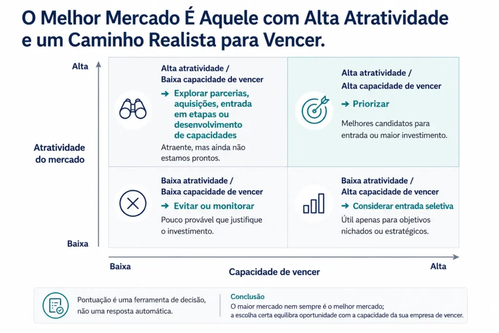 Roadmap executivo de quatro fases que mostra a metodologia da Midas para análise de entrada no mercado, desde a definição de critérios e o screening de mercados até a validação profunda e a recomendação de avançar/não avançar.