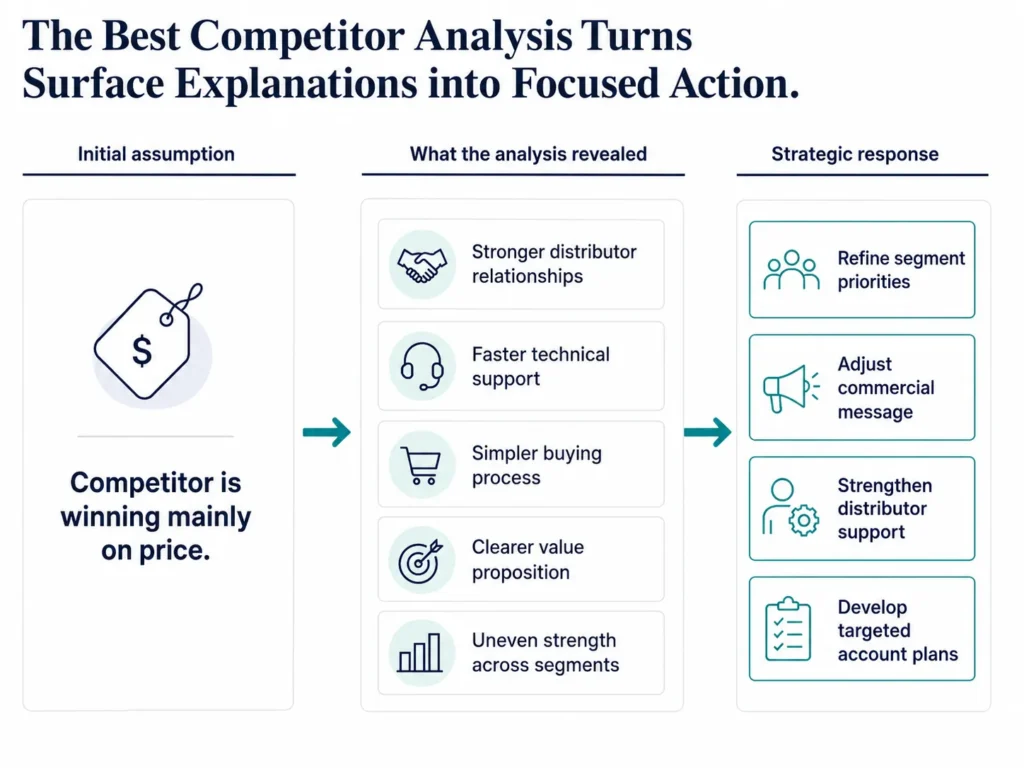 Before-and-after Midas consulting visual showing how a price-based initial assumption evolved into a richer competitor insight and a more targeted strategic response.