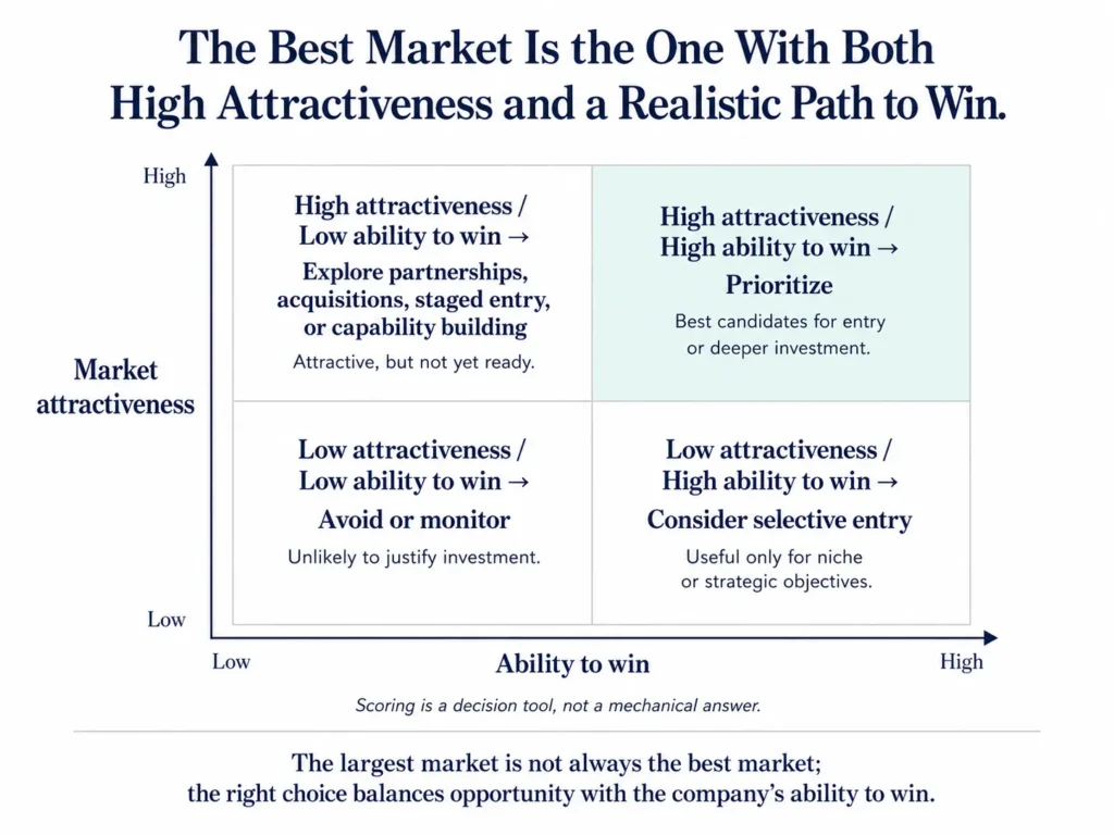 Midas two-by-two matrix comparing market attractiveness and ability to win, with implications for prioritizing, partnering, selectively entering, monitoring, or avoiding markets.