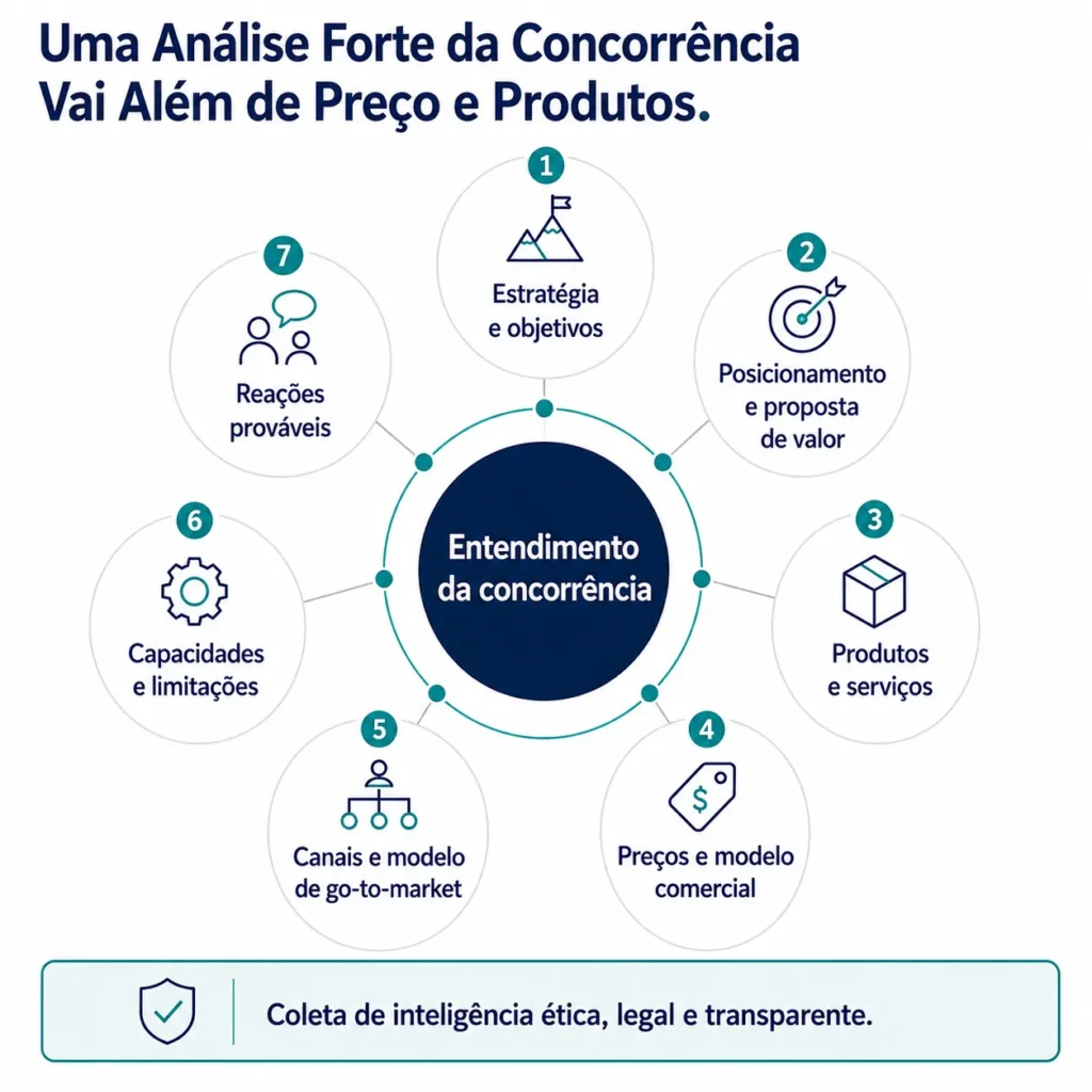 Um framework circular que mostra as sete dimensões de uma análise de concorrência sólida, apoiada por uma base ética de coleta de inteligência.