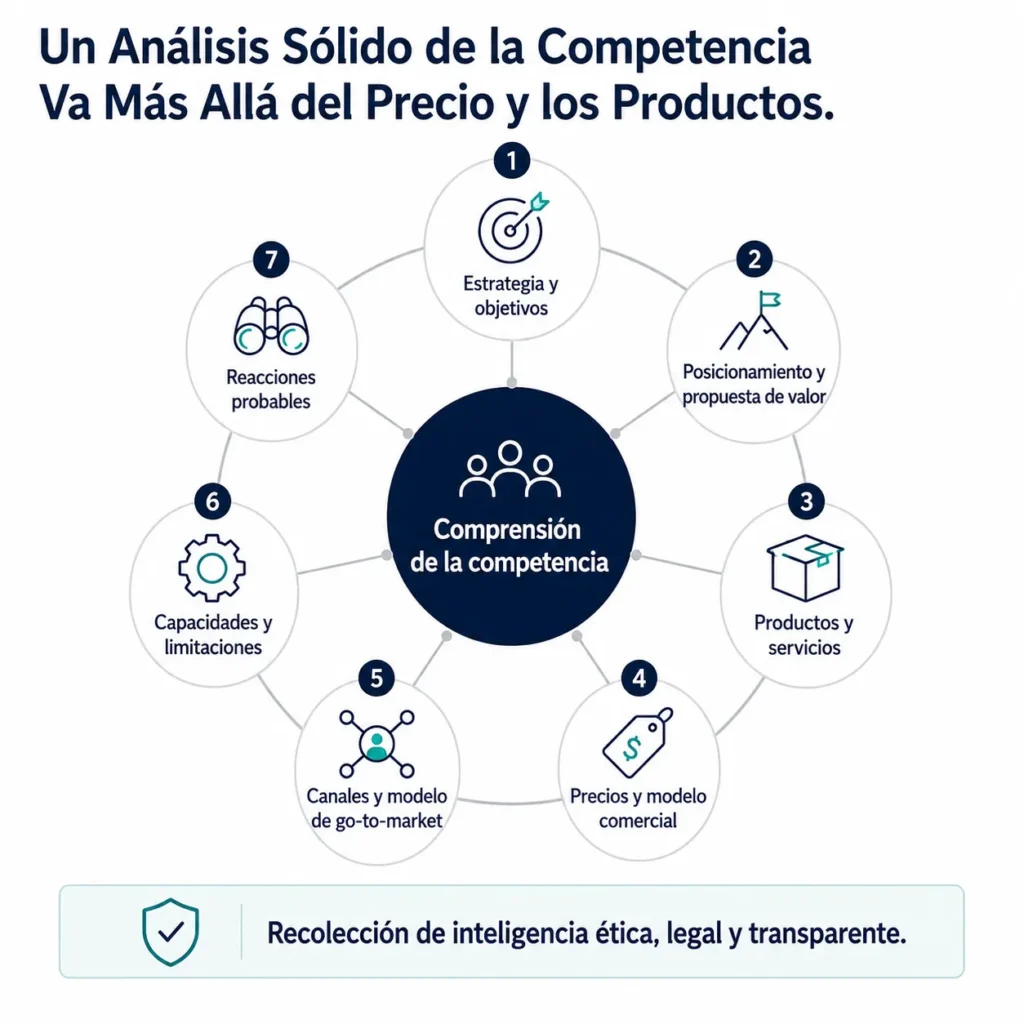 Un marco circular que muestra las siete dimensiones de un análisis de la competencia sólido, respaldado por una base ética de recopilación de inteligencia.