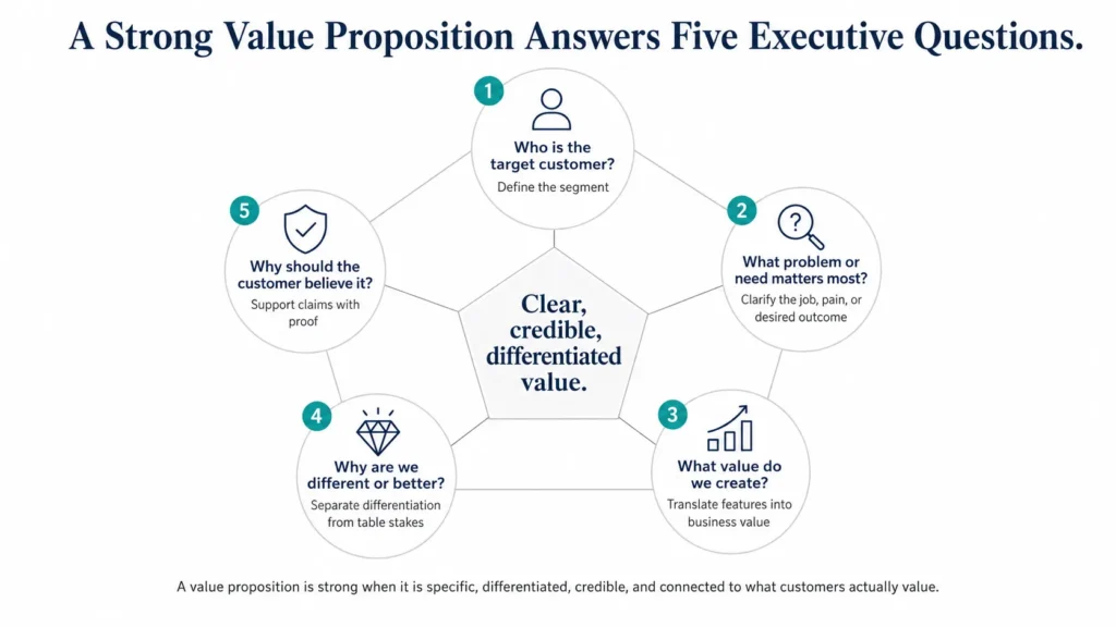 Five-part executive framework showing the questions a strong value proposition should answer: target customer, customer problem, value created, differentiation, and proof.