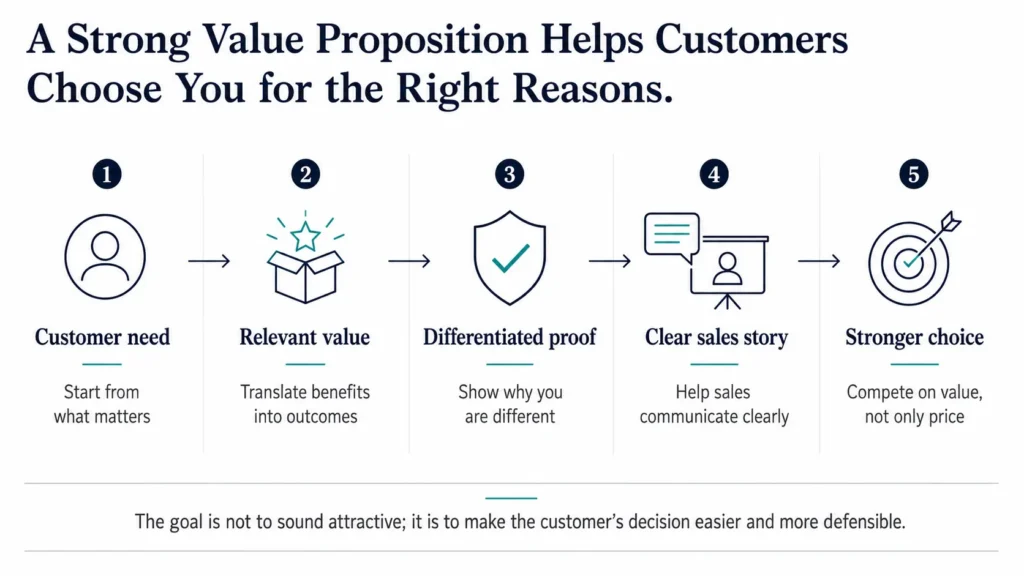 Executive flow diagram showing how a strong value proposition moves from customer need to relevant value, differentiated proof, a clearer sales story, and a stronger customer choice.