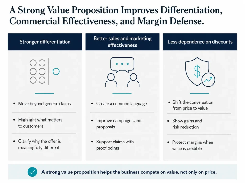 Three-column executive visual showing the benefits of a strong value proposition: stronger differentiation, better sales and marketing effectiveness, and less dependence on discounts.