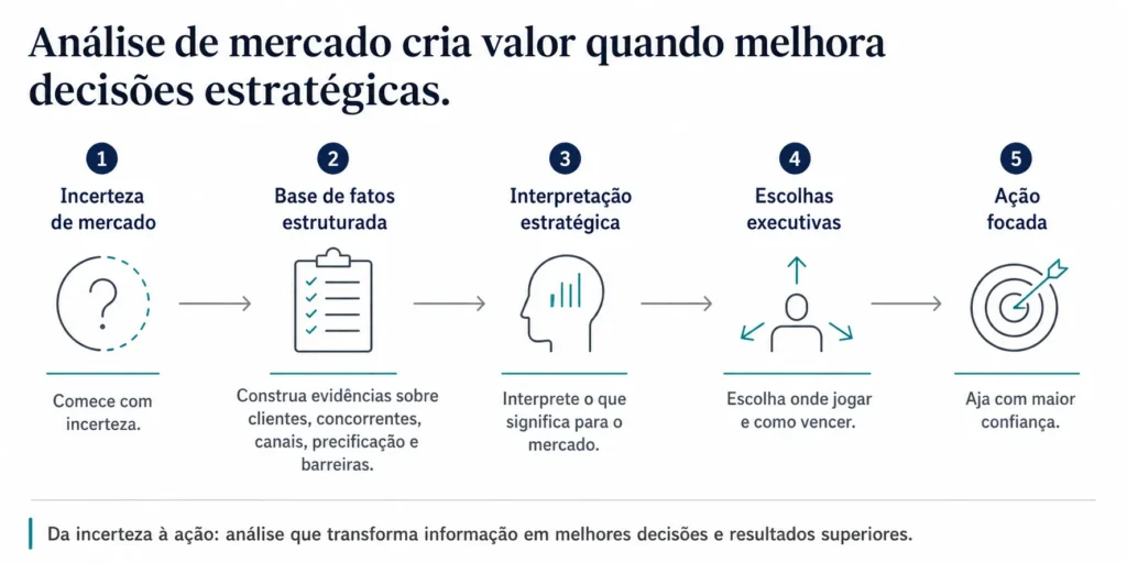Diagrama executivo de fluxo que mostra como a análise de mercado permite passar da incerteza do mercado para uma base de fatos estruturada, uma interpretação estratégica, decisões executivas e ação focada.