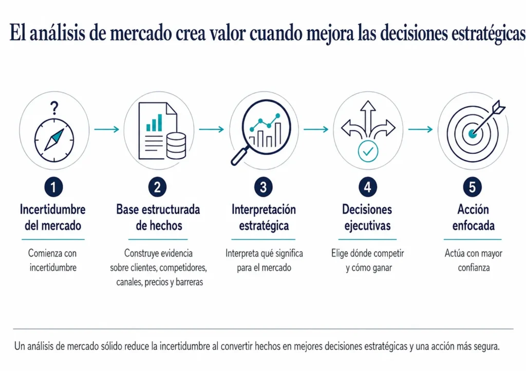 Diagrama ejecutivo de flujo que muestra cómo el análisis de mercado permite pasar de la incertidumbre del mercado a una base de hechos estructurada, una interpretación estratégica, decisiones ejecutivas y acción enfocada.
