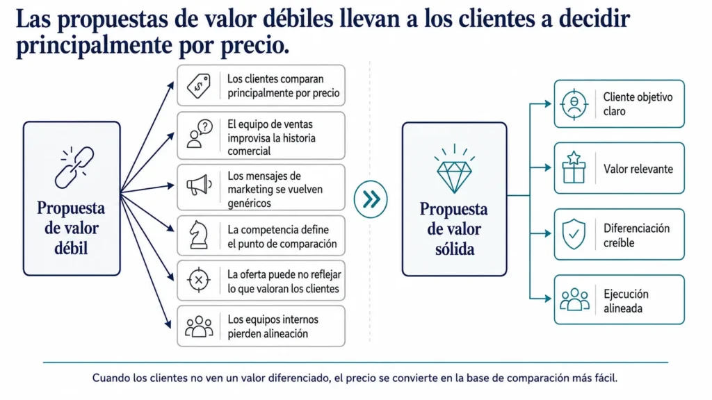 Visual de causa y efecto que muestra cómo las propuestas de valor débiles generan comparación por precio, historias comerciales inconsistentes, marketing genérico, comparaciones definidas por competidores, desajuste de la oferta y falta de alineamiento interno.
