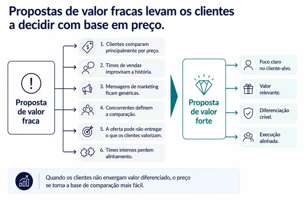Visual de causa e efeito que mostra como propostas de valor fracas geram comparação por preço, histórias comerciais inconsistentes, marketing genérico, comparações definidas por concorrentes, desalinhamento da oferta e falta de alinhamento interno.