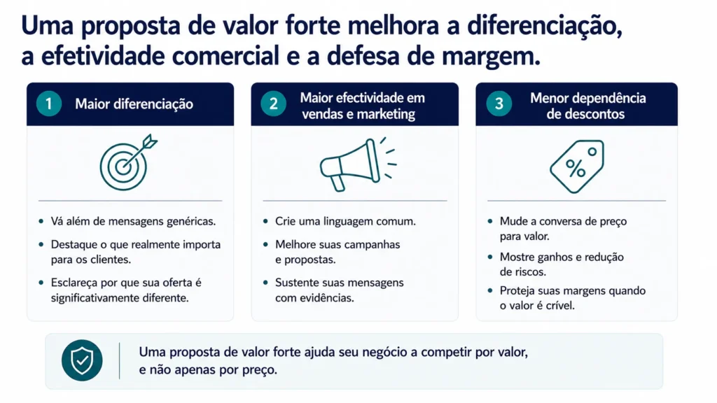 Visual executivo de três colunas que mostra os benefícios de uma proposta de valor sólida: diferenciação mais forte, maior efetividade comercial e de marketing, e menor dependência de descontos.