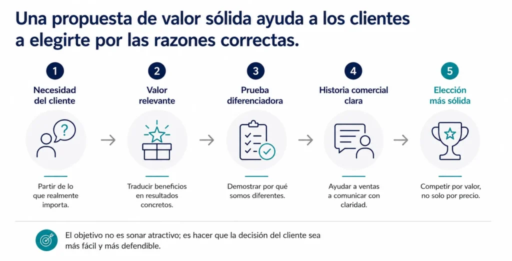 Diagrama ejecutivo de flujo que muestra cómo una propuesta de valor sólida avanza desde una necesidad del cliente hacia valor relevante, prueba diferenciada, una historia comercial más clara y una decisión de compra más fuerte.