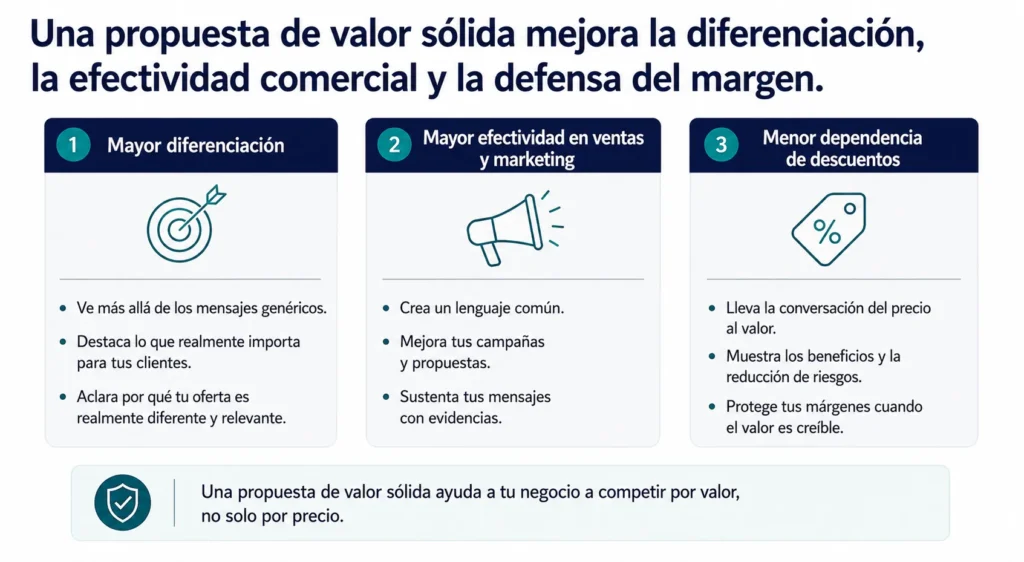 Visual ejecutivo de tres columnas que muestra los beneficios de una propuesta de valor sólida: diferenciación más fuerte, mayor efectividad comercial y de marketing, y menor dependencia de descuentos.
