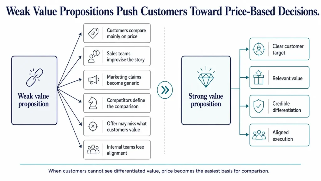 Cause-and-effect visual showing how weak value propositions lead to price comparison, inconsistent sales stories, generic marketing, competitor-defined comparisons, offer mismatch, and internal misalignment.