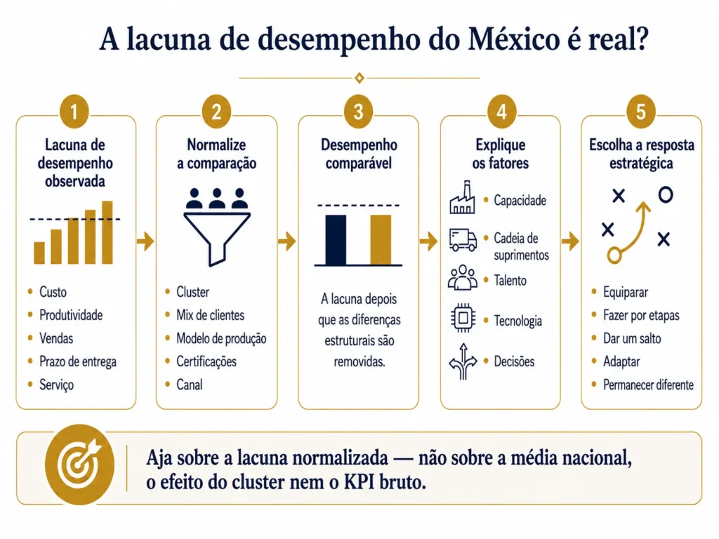 Processo de benchmarking da Midas em cinco etapas para o México, passando de uma lacuna de desempenho observada pela normalização de clusters, mix de clientes, modelos de produção, certificações e canais até uma resposta estratégica.