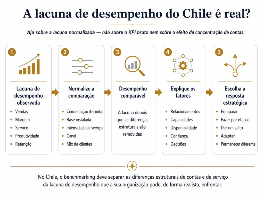 Processo de benchmarking da Midas em cinco etapas no Chile, avançando de uma lacuna de desempenho observada à normalização da concentração de contas, base instalada, serviço, canais e mix de clientes, até chegar a uma resposta estratégica