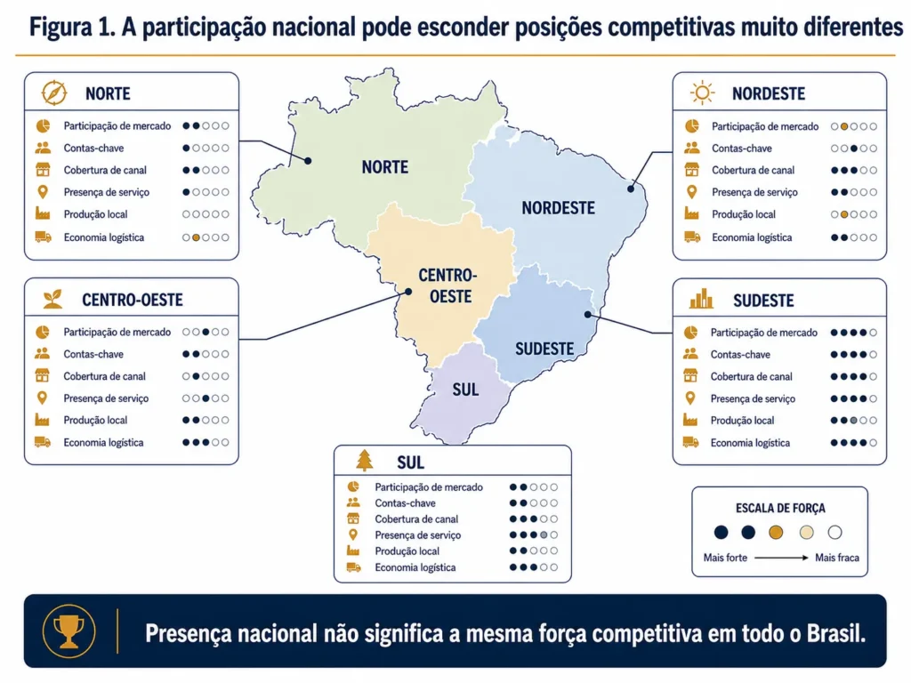Mapa da Midas sobre o Brasil mostrando como a força dos concorrentes pode variar entre Sudeste, Sul, Nordeste, Centro-Oeste e Norte, com base em participação de mercado, contas-chave, canais, serviços, produção e logística.