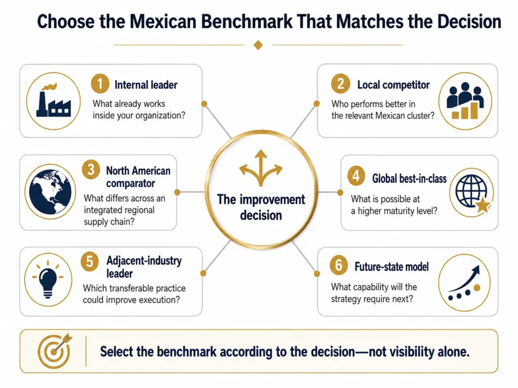 Midas six-reference Mexico benchmarking framework organized around an improvement decision, including internal leaders, local competitors, North American comparators, global leaders, adjacent industries, and future-state models.