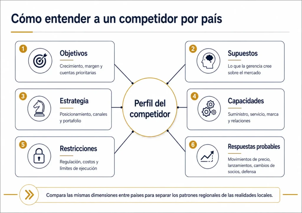 Marco de Midas para elaborar el perfil de un competidor, que conecta objetivos, supuestos, estrategia, capacidades, limitaciones y respuestas probables en los mercados latinoamericanos