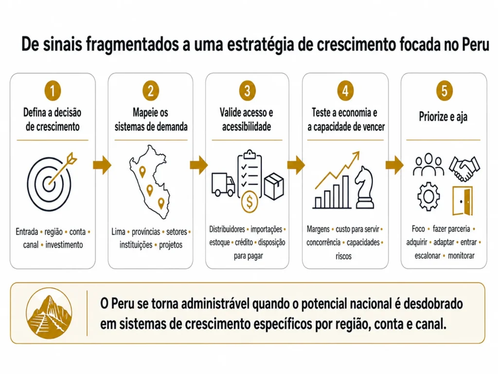 Processo de análise de mercado da Midas em cinco etapas no Peru, passando da decisão executiva pelo mapeamento da demanda, acesso e capacidade de pagamento, economia e capacidade de vencer, até a ação estratégica.