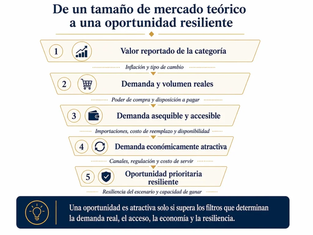 Embudo de oportunidades de Midas para Argentina en cinco etapas, que avanza desde el valor informado de la categoría, pasando por la demanda real, la asequibilidad, el acceso y la economía, hasta la resiliencia frente a escenarios.