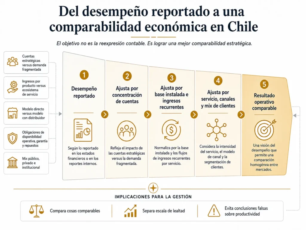 Embudo de benchmarking de Midas para Chile en cinco etapas, que ajusta el desempeño informado según la concentración de cuentas estratégicas, la base instalada, los ingresos recurrentes, el servicio, los canales y la mezcla de clientes.