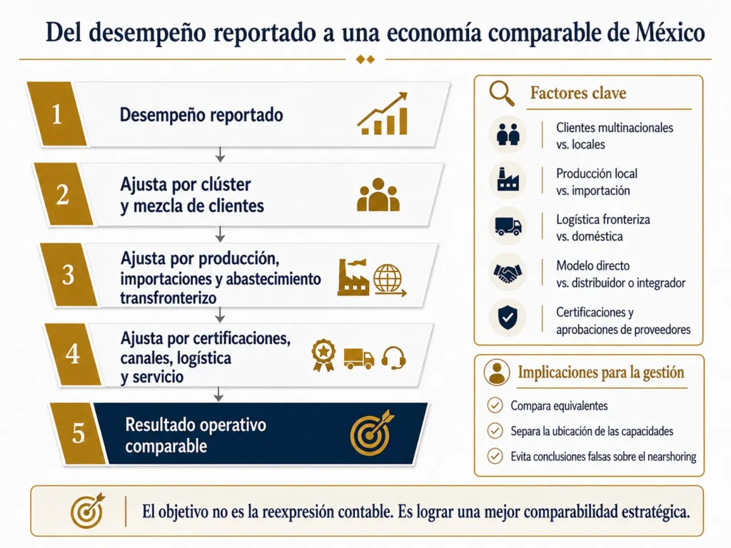 Embudo de benchmarking de Midas para México en cinco etapas, que ajusta el desempeño informado según los clústeres industriales, la mezcla de clientes, la producción, las importaciones, el abastecimiento transfronterizo, las certificaciones, los canales, la logística y el servicio.