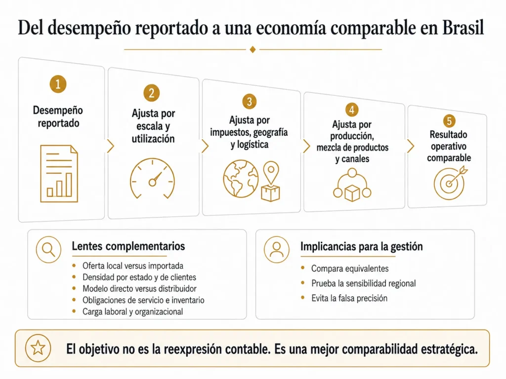 Embudo de benchmarking de Midas para Brasil en cinco etapas, que ajusta el desempeño informado según la escala, los impuestos, la geografía, la logística, la producción, la mezcla de productos, los canales, el trabajo y las obligaciones de servicio.