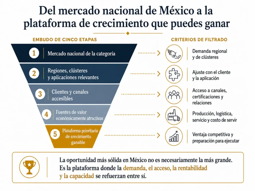 Embudo de oportunidad de cinco etapas de Midas para México, que avanza desde el mercado nacional por categoría hasta los clústeres relevantes, los clientes accesibles, los pools de valor atractivos y una plataforma de crecimiento prioritaria y ganable.