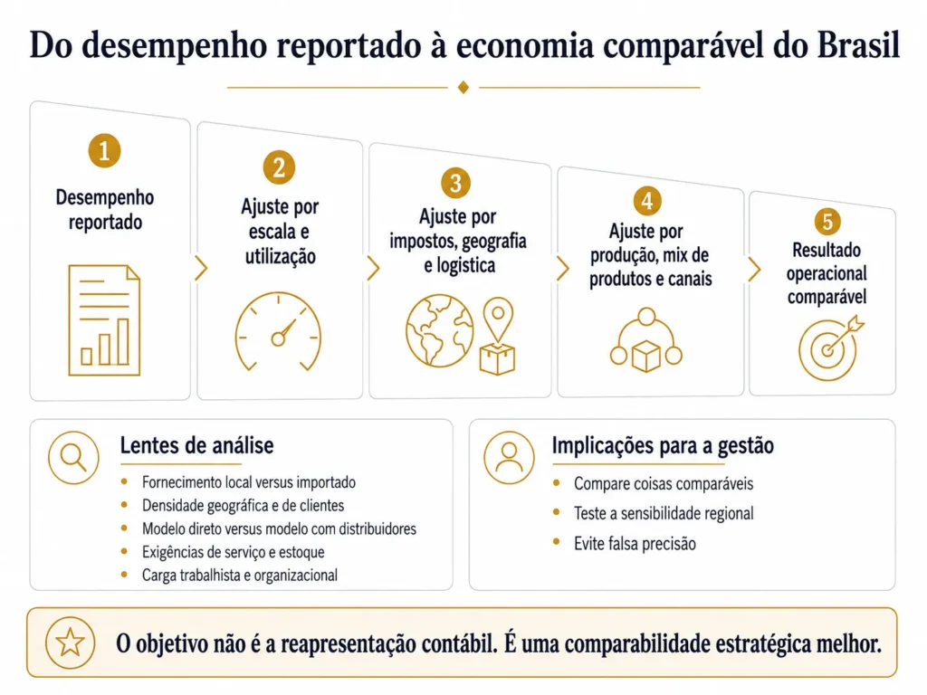 Funil de benchmarking da Midas em cinco etapas no Brasil, ajustando o desempenho reportado por escala, impostos, geografia, logística, produção, mix de produtos, canais, mão de obra e compromissos de serviço.