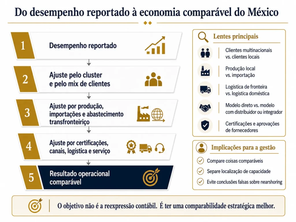 Funil de benchmarking da Midas em cinco etapas para o México, ajustando o desempenho reportado por clusters industriais, mix de clientes, produção, importações, abastecimento transfronteiriço, certificações, canais, logística e serviço.