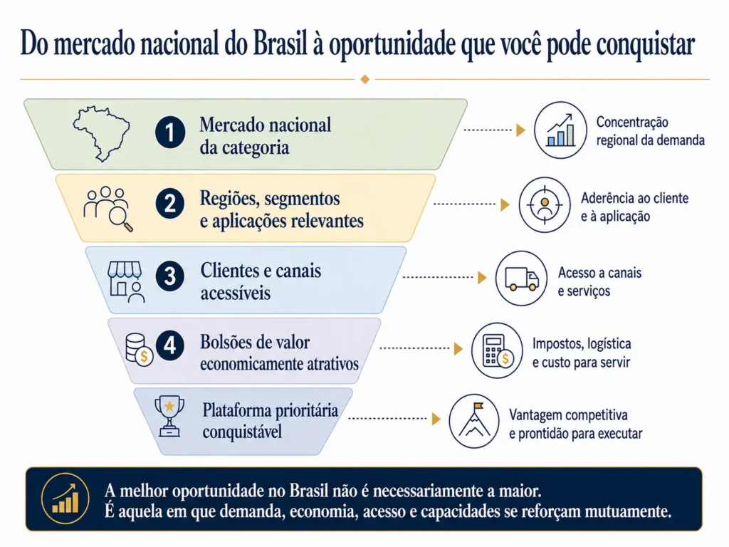 Funil de oportunidades da Midas em cinco etapas para o Brasil, partindo do mercado nacional da categoria e passando por regiões relevantes, clientes acessíveis, fontes de valor atraentes e uma plataforma prioritária com potencial de vitória.