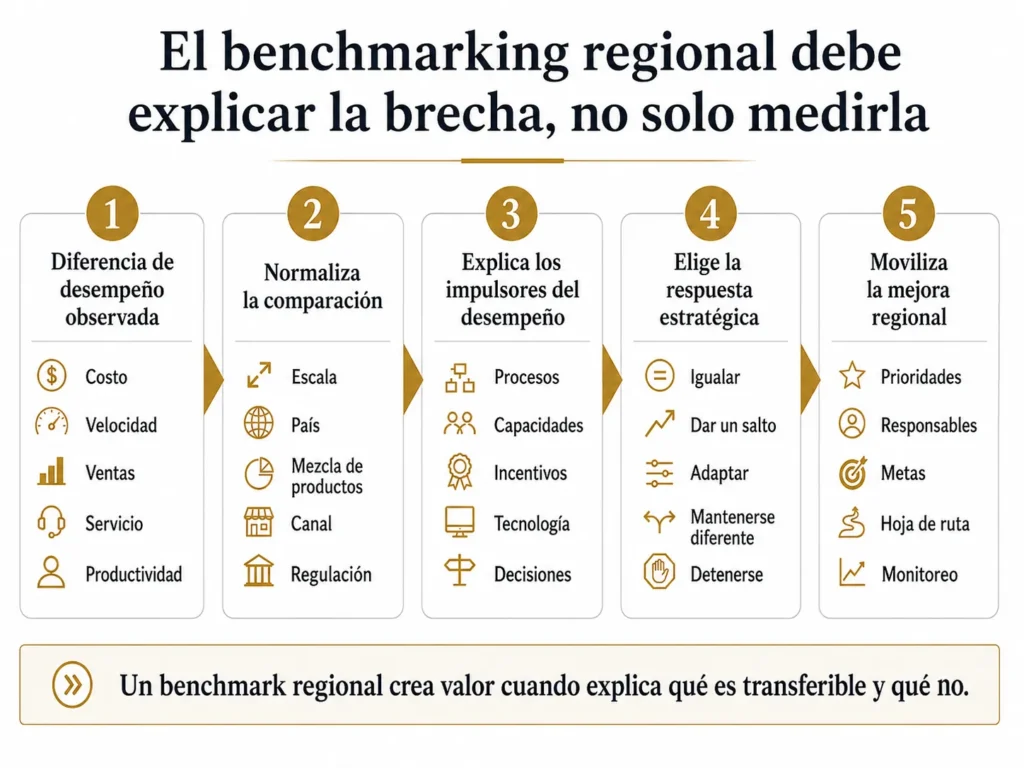 Sistema de benchmarking de Midas para América Latina en cinco etapas, que avanza desde las diferencias de desempeño observadas, pasando por la normalización y la explicación de las brechas, hasta la respuesta estratégica y la mejora regional.