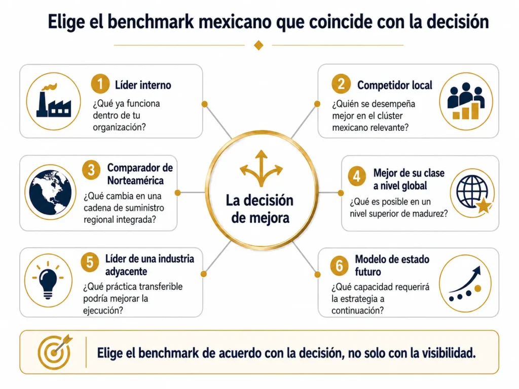 Marco de benchmarking de Midas para México con seis referencias, organizado alrededor de una decisión de mejora e integrado por líderes internos, competidores locales, comparadores norteamericanos, líderes globales, industrias adyacentes y modelos de estado futuro.