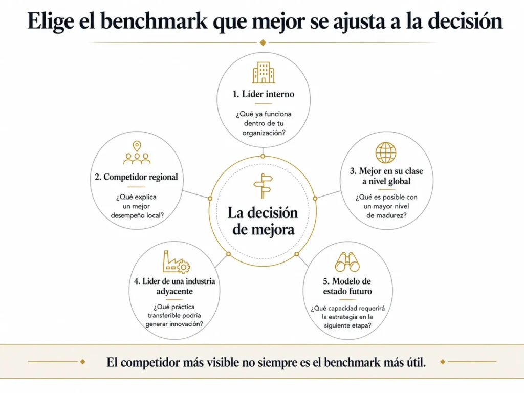 Arquitectura de benchmarking de Midas con cinco perspectivas, que compara líderes internos, competidores regionales, empresas globales de clase mundial, industrias adyacentes y modelos de estado futuro alrededor de una decisión de mejora.