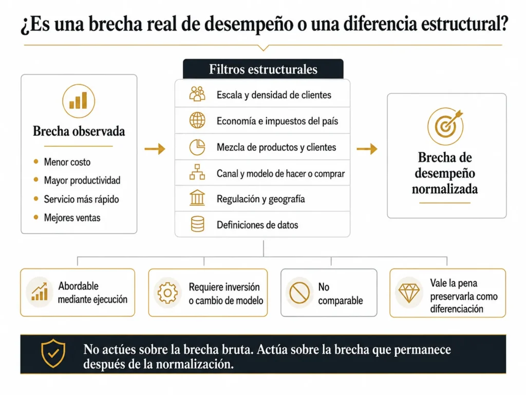 Diagnóstico de benchmarking regional de Midas que filtra las diferencias de desempeño observadas según la escala, la economía del país, la mezcla de productos, los canales, la regulación, la geografía y las definiciones de datos.
