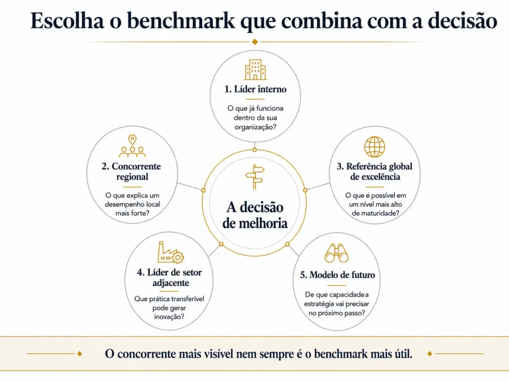 Arquitetura de benchmarking da Midas com cinco perspectivas, comparando líderes internos, concorrentes regionais, empresas globais de referência, setores adjacentes e modelos de estado futuro em torno de uma decisão de melhoria.