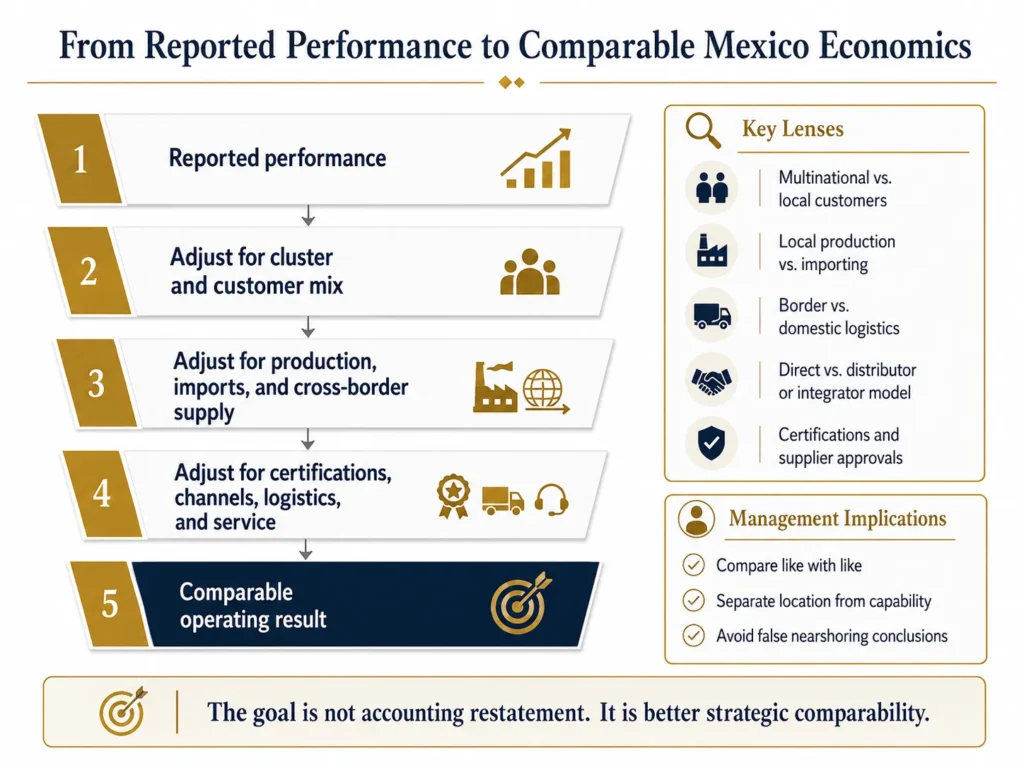 Midas five-stage Mexico benchmarking funnel adjusting reported performance for industrial clusters, customer mix, production, imports, cross-border supply, certifications, channels, logistics, and service.