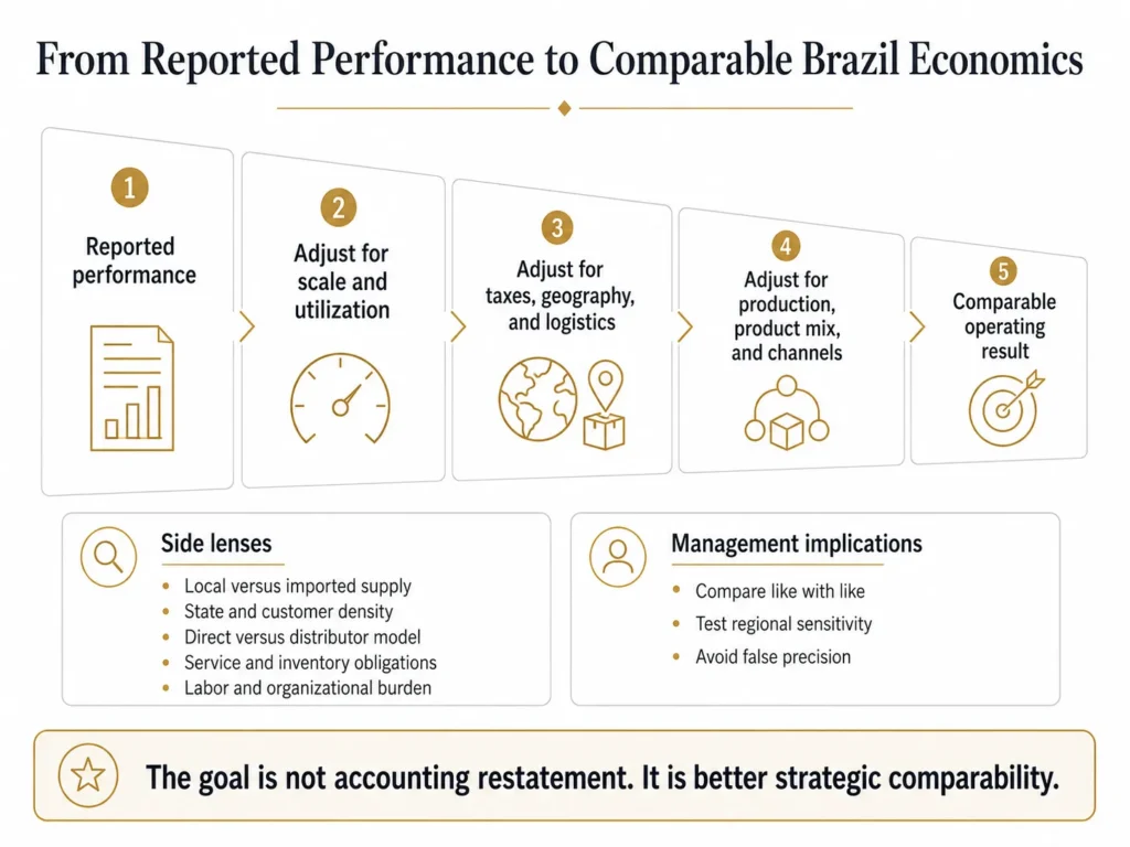 Midas five-stage Brazil benchmarking funnel adjusting reported performance for scale, taxes, geography, logistics, production, product mix, channels, labor, and service obligations.
